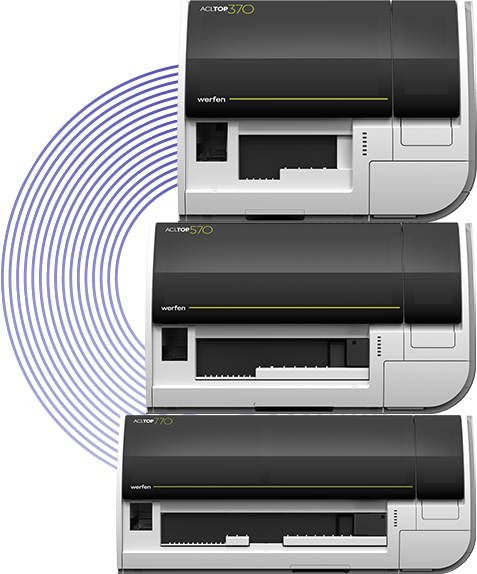 Image showing the ACL TOP Family 70 Series systems in an artistic stack with the largest, ACL TOP 770 analyzer on the bottom, ACL TOP 570 analyzer in the middle and the smallest, ACL TOP 370 analyzer on the top. Light blue rings are to the left connecting the analyzers as one image.