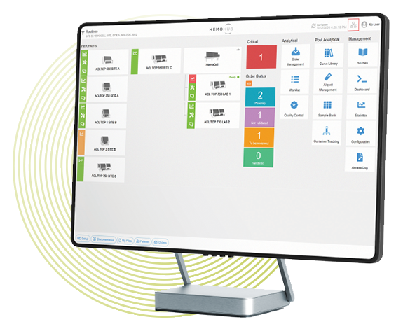 Computer monitor showing the HemoHub Intelligent Data Manager interface with easy to navigate buttons providing easy access to traceability for accreditation requirements.