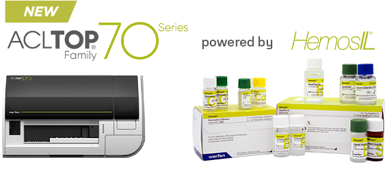 Image shows the Werfen HemosIL reagents along with an ACL TOP 570 analyzer with the logos for ACL TOP Family 70 Series and HemosIL.