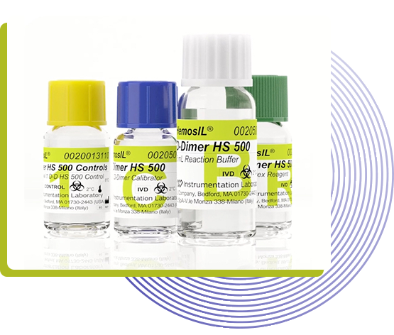 Image shows HemosIL D-Dimer HS 500 vials with the text next to it that says, confidence in VTE exclusion. Light blue rings are artistically placed in the background.