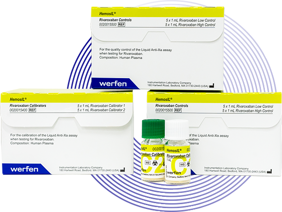 Photo shows the boxes for HemosIL Rivaroxaban Controls and Calibrators. There are two reagent vials set in front of the boxes. Illustrative, light blue rings are artistically placed behind the boxes.