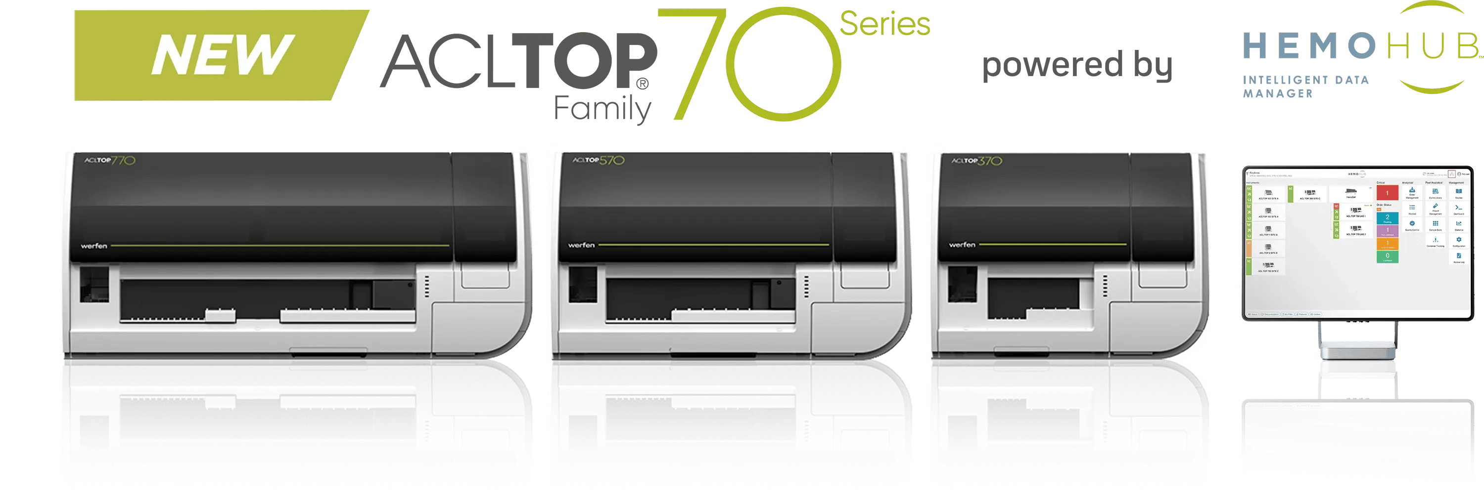 Photo shows the ACL TOP Family 70 Series and HemoHub Intelligent Data Manager logos. Analyzers from the ACL TOP 70 Family series are also shown: ACL TOP 770, ACL TOP 570 and the ACL TOP 370. A computer monitor showing the HemoHub interface on screen is visible.